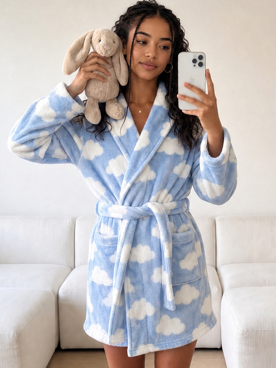 MISSGUIDED TEEN Fluffy Cloud Print Wrap Robe Mini Length Long Sleeve Belted Fleece Dressing Gown Cosy Winter Loungewear