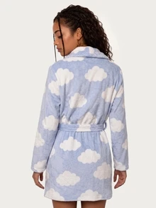 MISSGUIDED TEEN Fluffy Cloud Print Wrap Robe Mini Length Long Sleeve Belted Fleece Dressing Gown Cosy Winter Loungewear - Blue and White - View 2