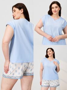 LUVLETTE Plus Size Natural Cozy Summer Light Light Blue Camisole Top & Printed Shorts Fresh Pajama Set Cool Summer Home Wear Lounge Set Graphic - Blue - View 4