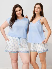LUVLETTE Plus Size Natural Cozy Summer Light Light Blue Camisole Top & Printed Shorts Fresh Pajama Set Cool Summer Home Wear Lounge Set Graphic - Blue - View 9