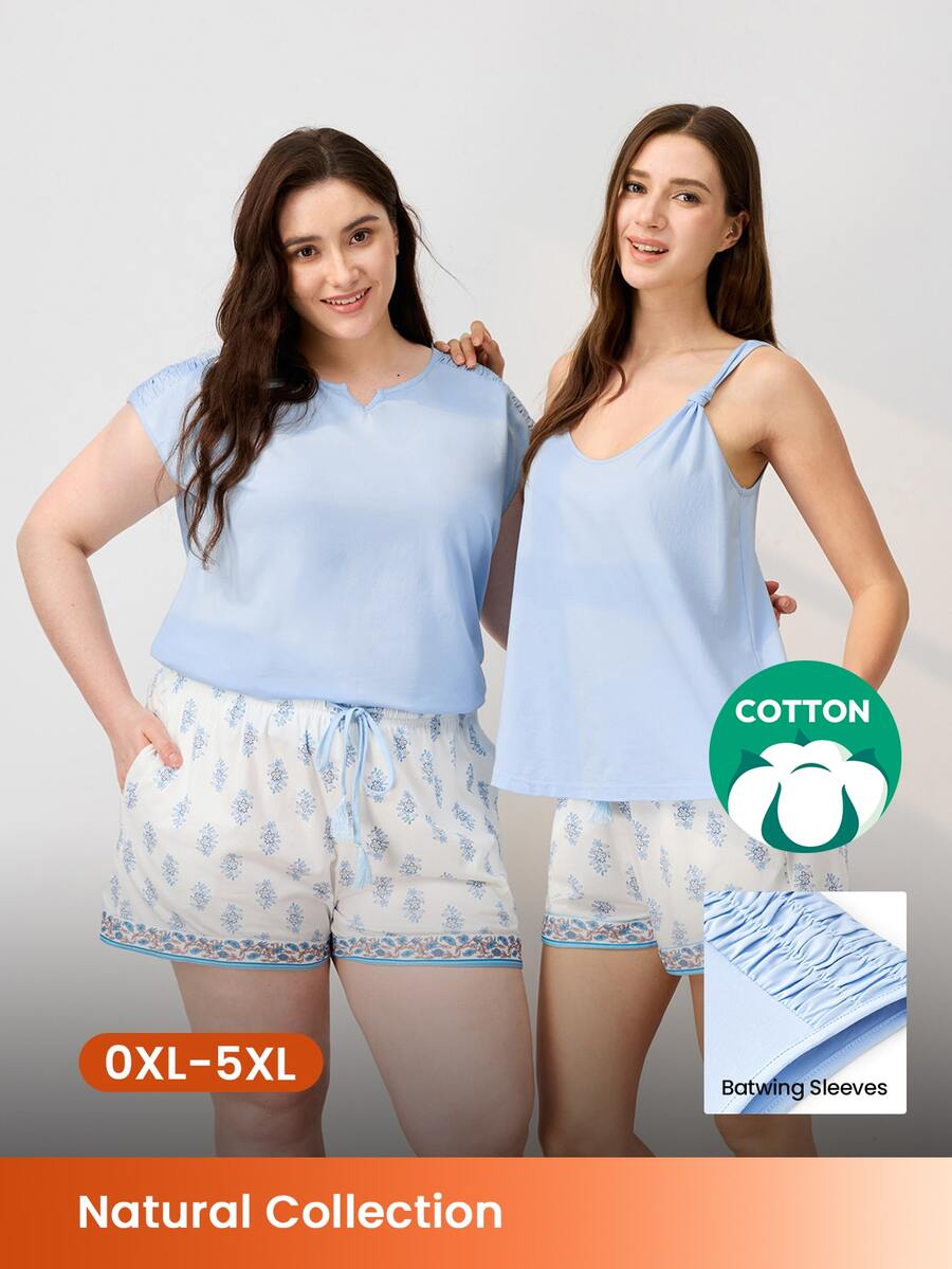 LUVLETTE Plus Size Natural Cozy Summer Light Light Blue Camisole Top & Printed Shorts Fresh Pajama Set Cool Summer Home Wear Lounge Set Graphic