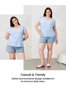 LUVLETTE Plus Size Natural Cozy Summer Light Light Blue Camisole Top & Printed Shorts Fresh Pajama Set Cool Summer Home Wear Lounge Set Graphic - Blue - View 12