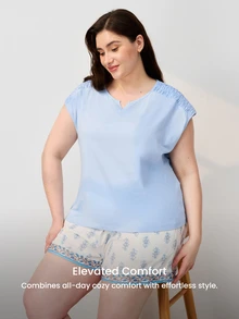 LUVLETTE Plus Size Natural Cozy Summer Light Light Blue Camisole Top & Printed Shorts Fresh Pajama Set Cool Summer Home Wear Lounge Set Graphic - Blue - View 6