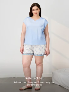 LUVLETTE Plus Size Natural Cozy Summer Light Light Blue Camisole Top & Printed Shorts Fresh Pajama Set Cool Summer Home Wear Lounge Set Graphic - Blue - View 10