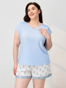 LUVLETTE Plus Size Natural Cozy Summer Light Light Blue Camisole Top & Printed Shorts Fresh Pajama Set Cool Summer Home Wear Lounge Set Graphic - Blue - View 11