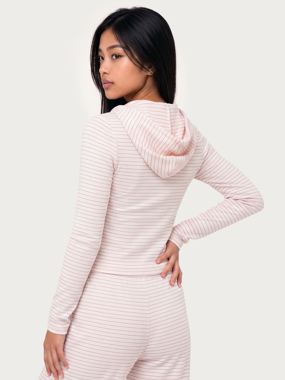 MISSGUIDED TEEN Womens Cropped Full Zip Hoodie Waffle Knit Long Sleeve Striped Drawstring Hood Spring Casual Lounge Top