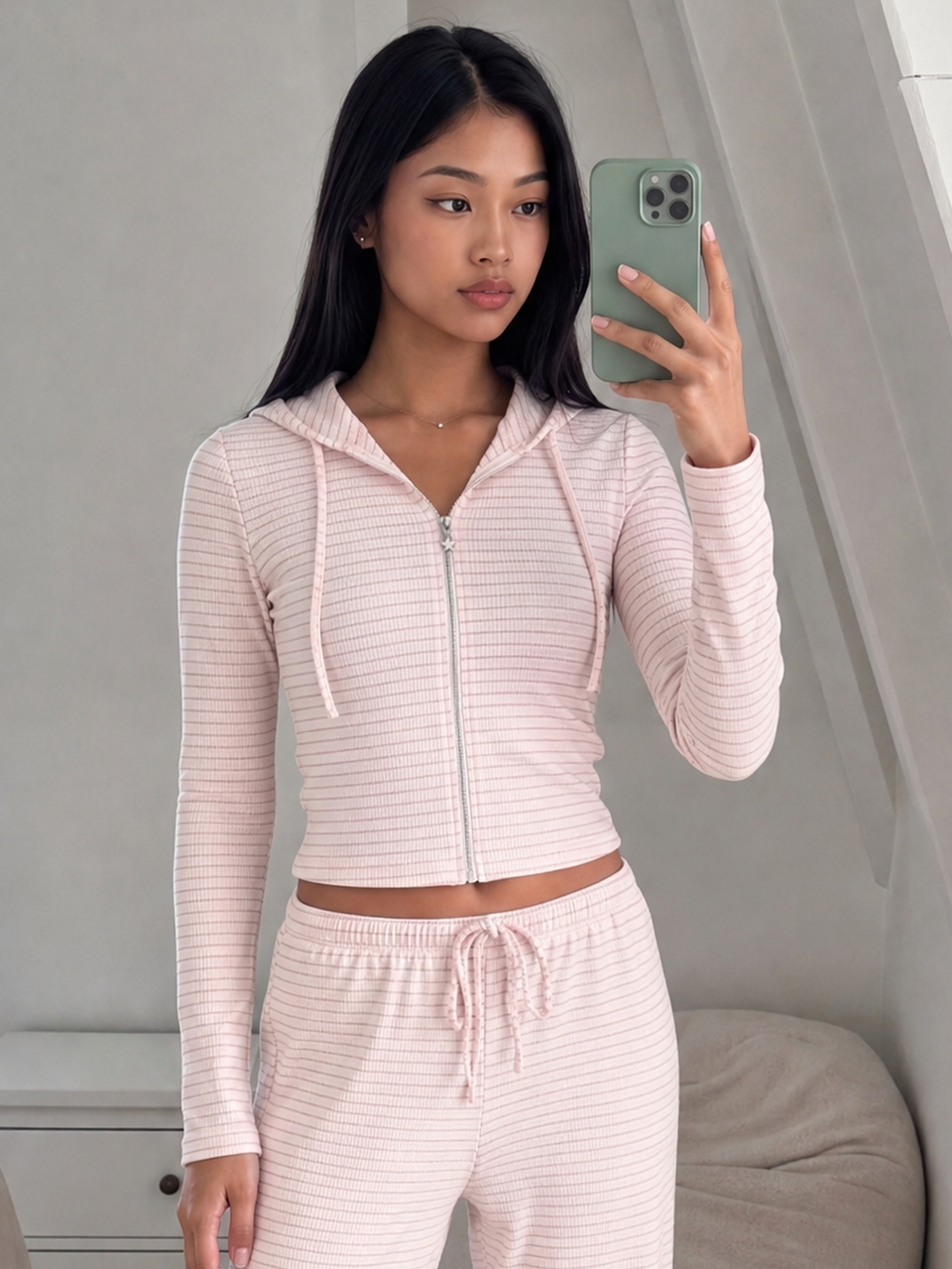 MISSGUIDED TEEN Womens Cropped Full Zip Hoodie Waffle Knit Long Sleeve Striped Drawstring Hood Spring Casual Lounge Top