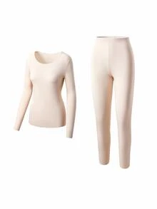 LUVLETTE Plus Women's Thermal Underwear Ultra-Soft Base Layer Cold Weather Warm Winter PJ Set Round Neck Top And Long Bottoms Beige Lightweight Pajama Sets - Beige - View 8