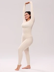 LUVLETTE Plus Women's Thermal Underwear Ultra-Soft Base Layer Cold Weather Warm Winter PJ Set Round Neck Top And Long Bottoms Beige Lightweight Pajama Sets - Beige - View 6