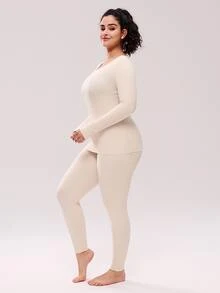 LUVLETTE Plus Women's Thermal Underwear Ultra-Soft Base Layer Cold Weather Warm Winter PJ Set Round Neck Top And Long Bottoms Beige Lightweight Pajama Sets - Beige - View 2