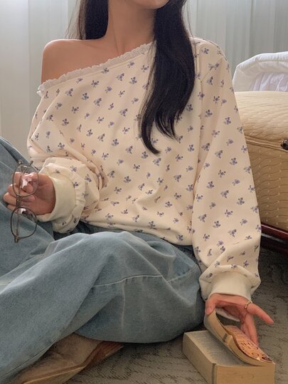 DAZY Ditsy Floral Loose Long Sleeve Patchwork Ruffle Asymmetrical Shoulder Casual Vacation Spring Autumn Top Sweatshirt For Women