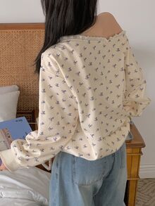 DAZY Ditsy Floral Loose Long Sleeve Patchwork Ruffle Asymmetrical Shoulder Casual Vacation Spring Autumn Top Sweatshirt For Women - Apricot - View 4