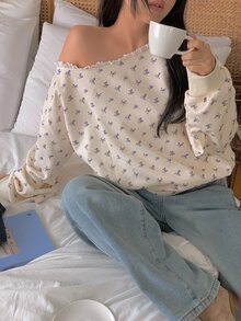 DAZY Ditsy Floral Loose Long Sleeve Patchwork Ruffle Asymmetrical Shoulder Casual Vacation Spring Autumn Top Sweatshirt For Women - Apricot - View 5