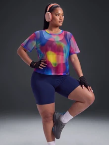 Powerista Women's Plus Size Navy Blue Sports Bra, Tight Shorts, Multi-Color Print Mesh Loose T-Shirt Gym Active Fall Cow Girl Alternative Baggy - Multicolor - View 1