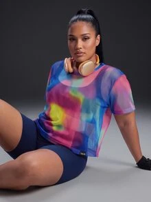 Powerista Women's Plus Size Navy Blue Sports Bra, Tight Shorts, Multi-Color Print Mesh Loose T-Shirt Gym Active Fall Cow Girl Alternative Baggy - Multicolor - View 3