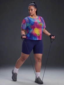 Powerista Women's Plus Size Navy Blue Sports Bra, Tight Shorts, Multi-Color Print Mesh Loose T-Shirt Gym Active Fall Cow Girl Alternative Baggy - Multicolor - View 4