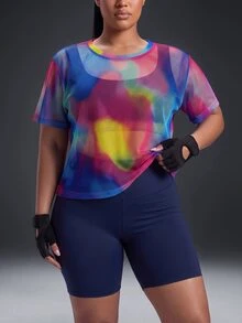 Powerista Women's Plus Size Navy Blue Sports Bra, Tight Shorts, Multi-Color Print Mesh Loose T-Shirt Gym Active Fall Cow Girl Alternative Baggy - Multicolor - View 5