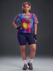 Powerista Women's Plus Size Navy Blue Sports Bra, Tight Shorts, Multi-Color Print Mesh Loose T-Shirt Gym Active Fall Cow Girl Alternative Baggy - Multicolor - View 6