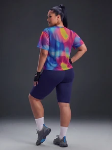Powerista Women's Plus Size Navy Blue Sports Bra, Tight Shorts, Multi-Color Print Mesh Loose T-Shirt Gym Active Fall Cow Girl Alternative Baggy - Multicolor - View 2