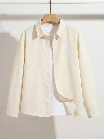 SHEIN Kids Spring/Autumn Tween Boy Casual Slim Fit Long Sleeve Single-Breasted Shirt
