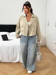 SHEIN EZwear 大尺碼女款純色雙排扣長袖休閒夾克外套 秋季 - 杏色 - 查看 3