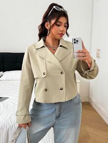 SHEIN EZwear 大尺碼女款純色雙排扣長袖休閒夾克外套 秋季 - 杏色 - 查看 5