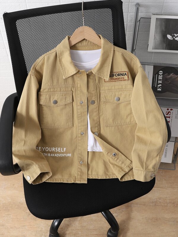 Tween Boy Khaki Washed Denim Workwear Jacket, Casual Preppy Style, Turn-Down Collar, Long Sleeve, Single-Breasted, Loose Fit, Spring/Autumn Outerwear Denim Jacket, Suitable For School, Daily Wear, Travel