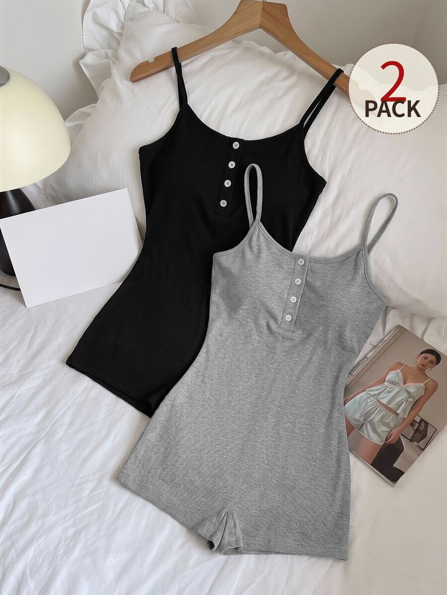 SHEIN MOD Set de 2 pijamas tipo mono de mujer con tirantes acanalados - Multicolor - Ver 1