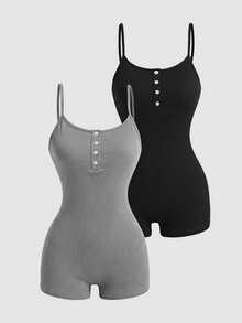 SHEIN MOD Set de 2 pijamas tipo mono de mujer con tirantes acanalados - Multicolor - Ver 2