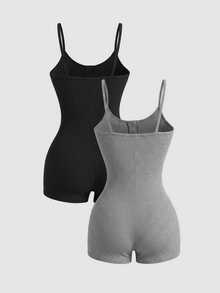 SHEIN MOD Set de 2 pijamas tipo mono de mujer con tirantes acanalados - Multicolor - Ver 3