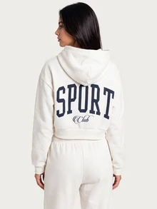 MISSGUIDED TEEN Sport Club Cropped Full-Zip Sweatshirt With Collegiate Back Graphic And Star Zipper Pull Detail For Fall Winter Athletic - Apricot - View 1