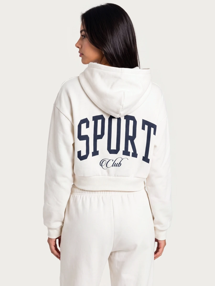 MISSGUIDED TEEN Sport Club Cropped Full-Zip Sweatshirt With Collegiate Back Graphic And Star Zipper Pull Detail For Fall Winter Athletic - Apricot - View 1