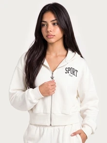 MISSGUIDED TEEN Sport Club Cropped Full-Zip Sweatshirt With Collegiate Back Graphic And Star Zipper Pull Detail For Fall Winter Athletic - Apricot - View 2
