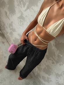 Glamine 女款秋季時尚新款腰部繫帶直筒寬腿鏤空刺繡休閒波希米亞度假日常寬鬆長褲 黑色 - 黑色 - 查看 2