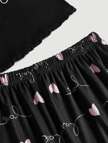 SHEIN MOD 3 件套心形和字母图案生菜边饰睡衣套装/睡衣套装 - 黑色 - 查看 4