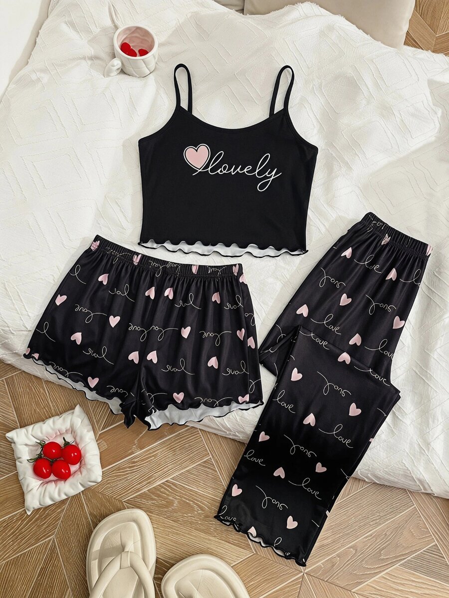 SHEIN MOD 3 件套心形和字母图案生菜边饰睡衣套装/睡衣套装 - 黑色 - 查看 1