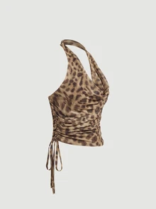Aveloria Modichic Vintage Random Leopard Print Mesh Fabric Swing Neck Asymmetric Ruched Slim Sexy Halter Top For Women  - Mocha Brown - View 5