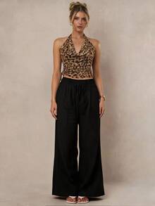Aveloria Modichic Vintage Random Leopard Print Mesh Fabric Swing Neck Asymmetric Ruched Slim Sexy Halter Top For Women  - Mocha Brown - View 6