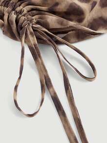Aveloria Modichic Vintage Random Leopard Print Mesh Fabric Swing Neck Asymmetric Ruched Slim Sexy Halter Top For Women  - Mocha Brown - View 3