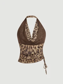Aveloria Modichic Vintage Random Leopard Print Mesh Fabric Swing Neck Asymmetric Ruched Slim Sexy Halter Top For Women  - Mocha Brown - View 2