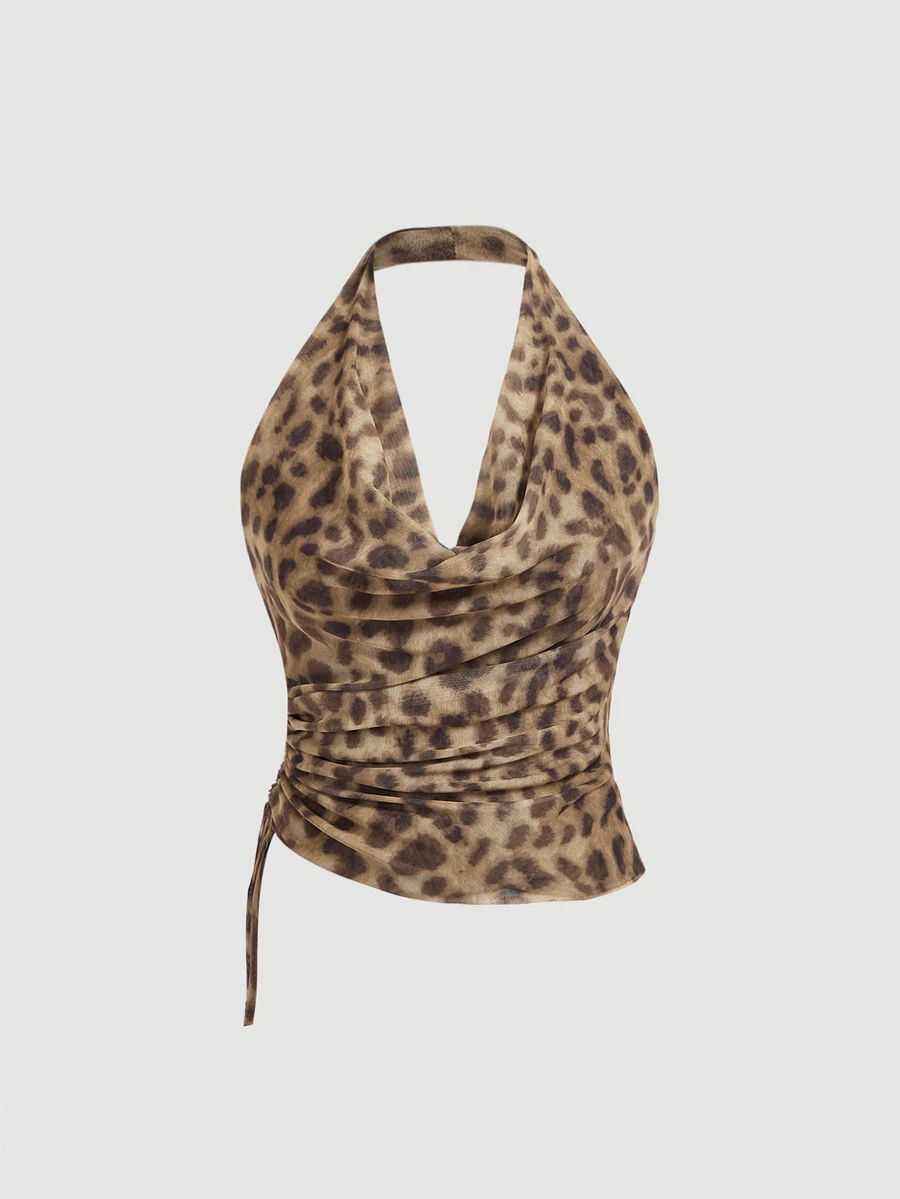 Aveloria Modichic Vintage Random Leopard Print Mesh Fabric Swing Neck Asymmetric Ruched Slim Sexy Halter Top For Women - Mocha Brown - View 1