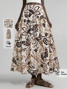 Ontre 2026SS 新款女款裙子，熱銷印花布料，杏色底色配咖啡色花卉圖案，極簡優雅都市設計，大 A 字裙擺，彈性腰帶，休閒穿著，度假，假日服裝，老錢風，茶會，約會，浪漫日，度假風，辦公穿著，教師，返校季，時尚女款下裝，百搭 - 咖啡棕 - 查看 3