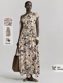 Ontre 2026SS 新款女款裙子，熱銷印花布料，杏色底色配咖啡色花卉圖案，極簡優雅都市設計，大 A 字裙擺，彈性腰帶，休閒穿著，度假，假日服裝，老錢風，茶會，約會，浪漫日，度假風，辦公穿著，教師，返校季，時尚女款下裝，百搭 - 咖啡棕 - 查看 8