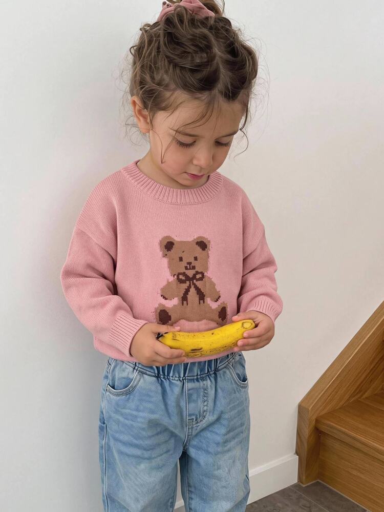 SHEIN Sweater Pullover Lengan Panjang Rajut Motif Beruang & Pita Lucu untuk Bayi Perempuan, Sweater Merah Muda, Sweater Kasual Serbaguna untuk Pakaian Luar Ruangan, Pakaian Penting Musim Gugur/Dingin, Pakaian Kembali ke Sekolah, Pakaian Jalanan/Pakaian untuk Beraktivitas di Luar Ruangan - Berwarna merah muda - View 2