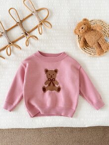 SHEIN 女嬰針織熊與蝴蝶結圖案可愛長袖套頭毛衣，粉色毛衣，百搭休閒毛衣，適合戶外穿著，秋冬必備，開學穿搭，街頭風/外出穿著 - 粉色 - 查看 4
