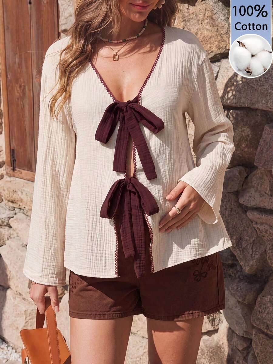 Boho Mama Maternity Colorblock Front Tie Long Sleeve Casual Shirt Fall - Apricot - View 1