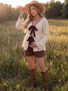 Boho Mama Maternity Colorblock Front Tie Long Sleeve Casual Shirt Fall - Apricot - View 3