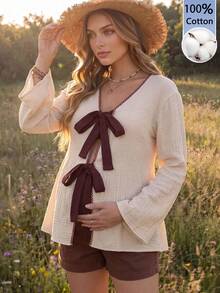 Boho Mama Maternity Colorblock Front Tie Long Sleeve Casual Shirt Fall - Apricot - View 4