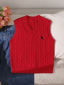 SHEIN 女童（大童）淺杏色V領刺繡針織背心，柔軟舒適，適合日常穿著、外出、旅行、度假、居家、托兒所與遊戲 - 紅色 - 查看 3