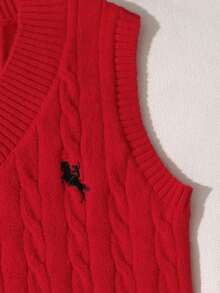SHEIN 女童（大童）淺杏色V領刺繡針織背心，柔軟舒適，適合日常穿著、外出、旅行、度假、居家、托兒所與遊戲 - 紅色 - 查看 7